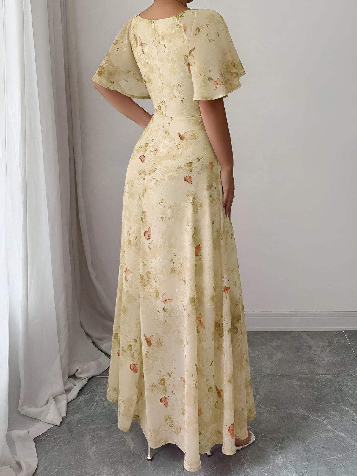 Floral Print Ruffled Sleeve Ruched Wedding Maxi Dress