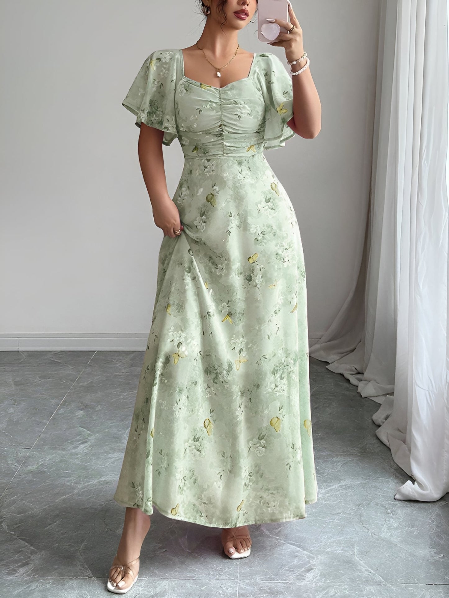 Floral Print Ruffled Sleeve Ruched Wedding Maxi Dress