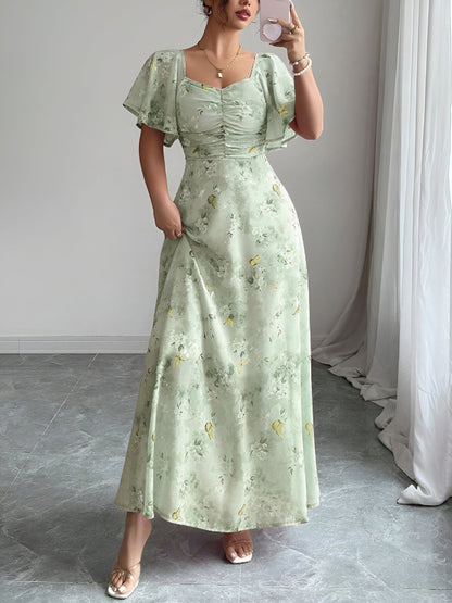 Floral Print Ruffled Sleeve Ruched Wedding Maxi Dress