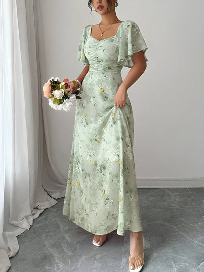 Floral Print Ruffled Sleeve Ruched Wedding Maxi Dress