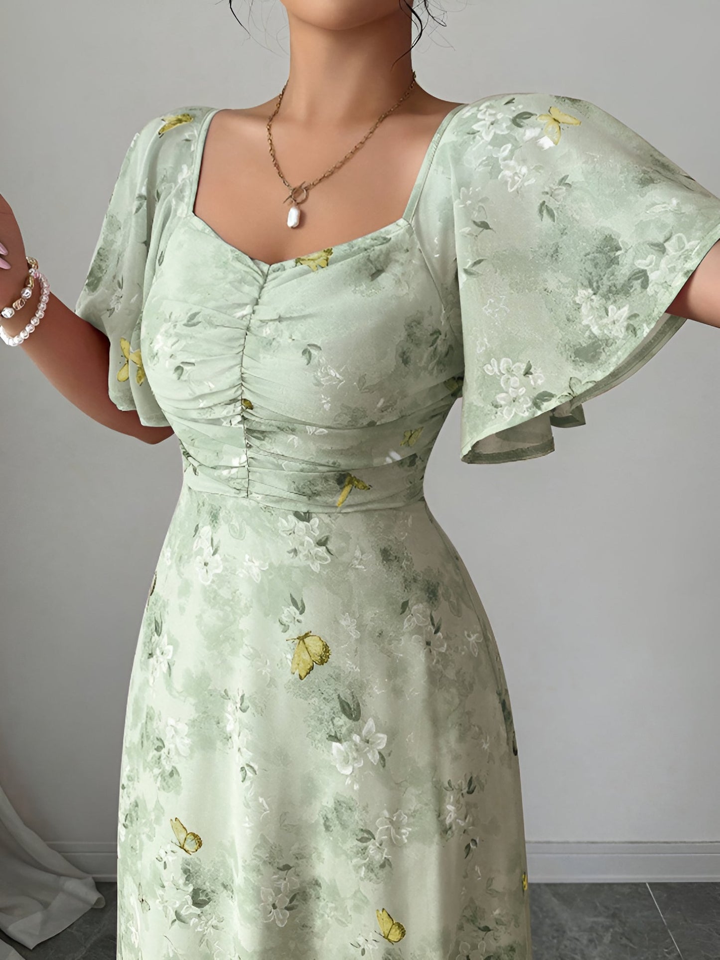 Floral Print Ruffled Sleeve Ruched Wedding Maxi Dress