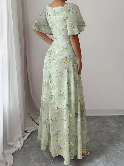 Floral Print Ruffled Sleeve Ruched Wedding Maxi Dress