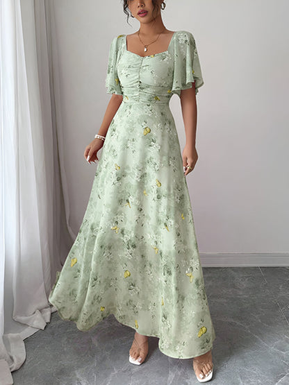 Floral Print Ruffled Sleeve Ruched Wedding Maxi Dress