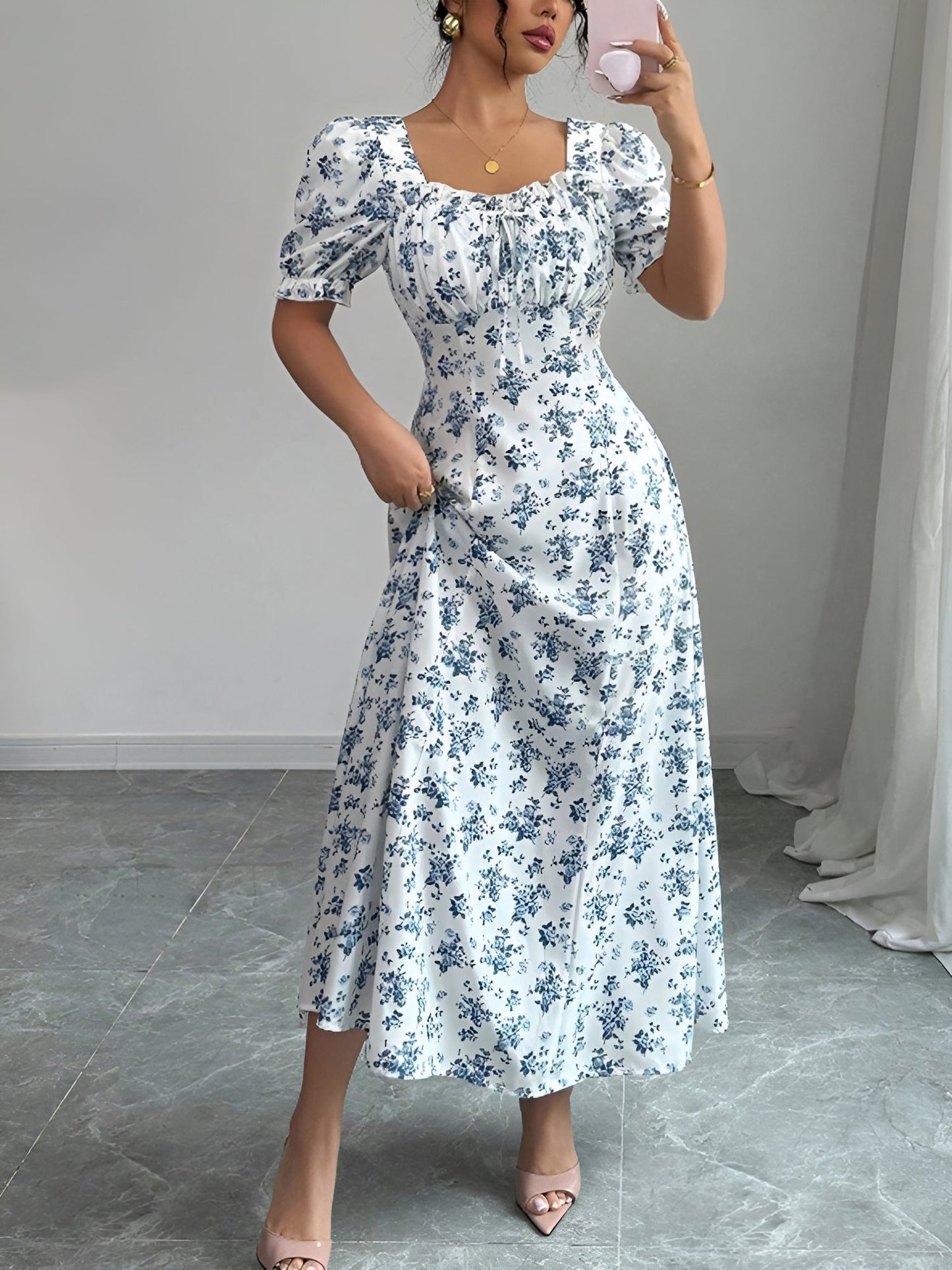Floral Ruffled Square Neck Puff Sleeves Maxi Dress
