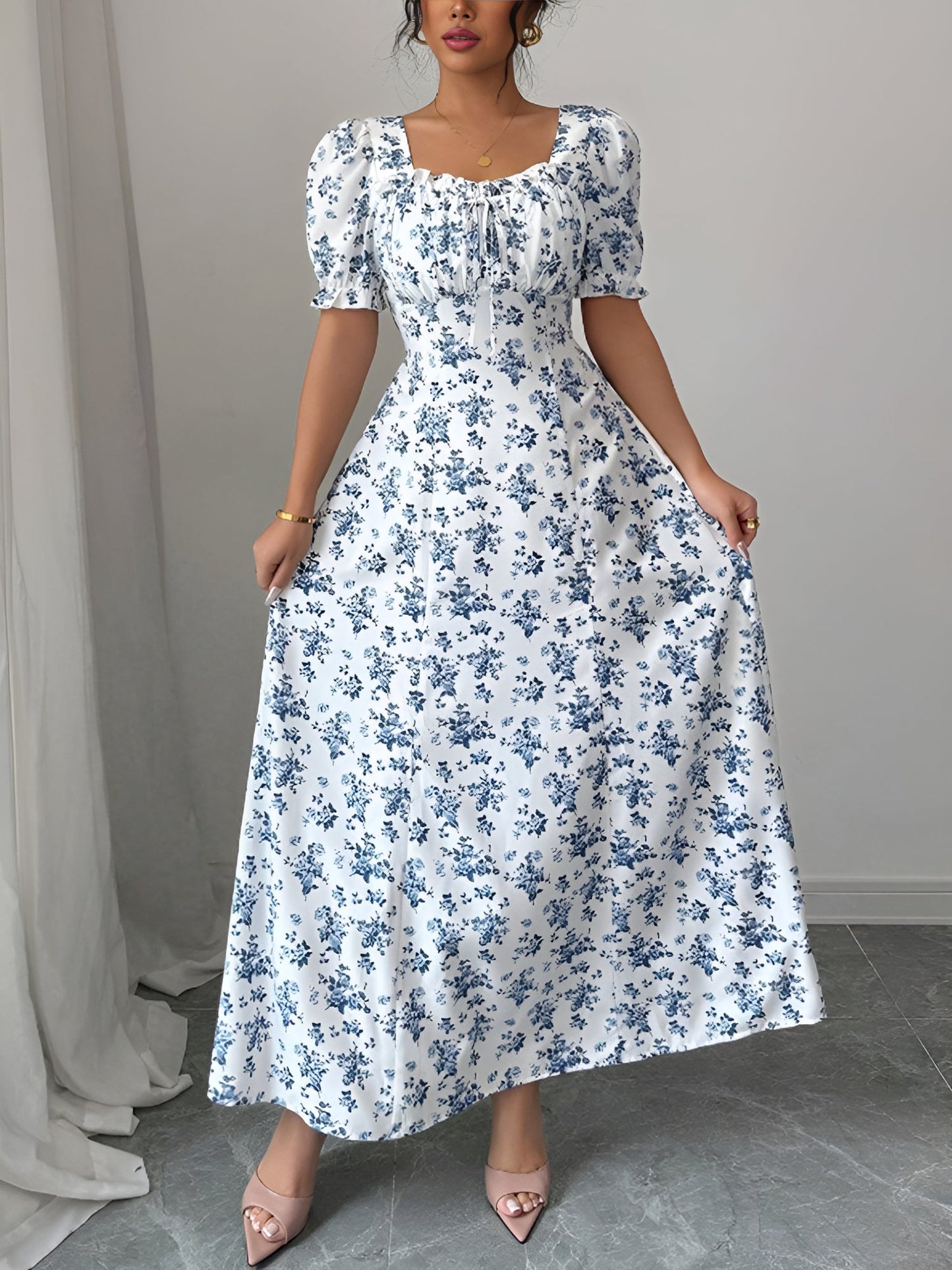 Floral Ruffled Square Neck Puff Sleeves Maxi Dress