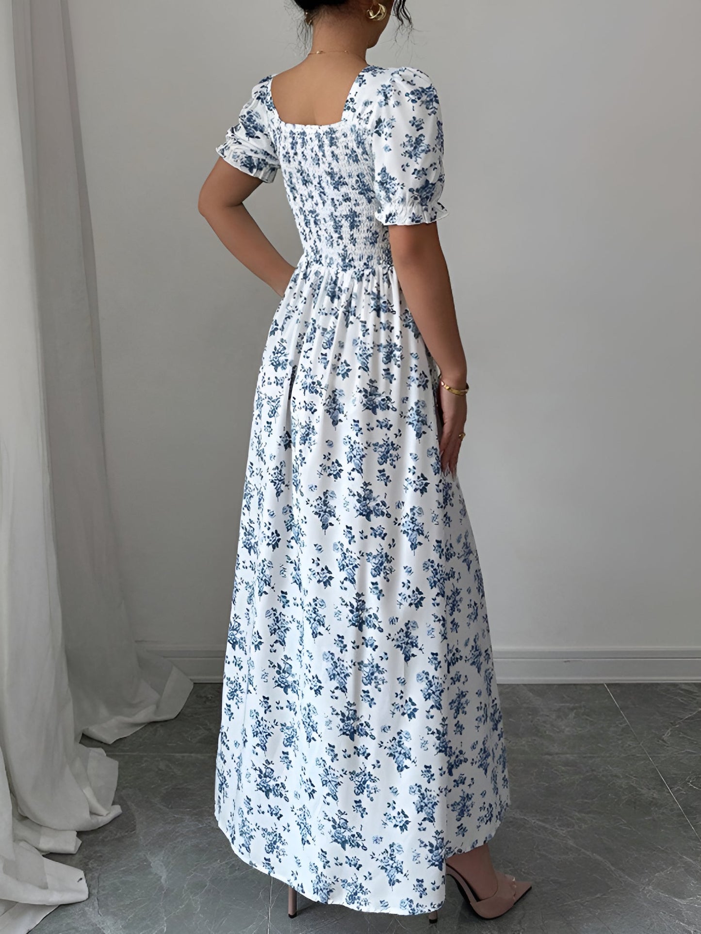 Floral Ruffled Square Neck Puff Sleeves Maxi Dress