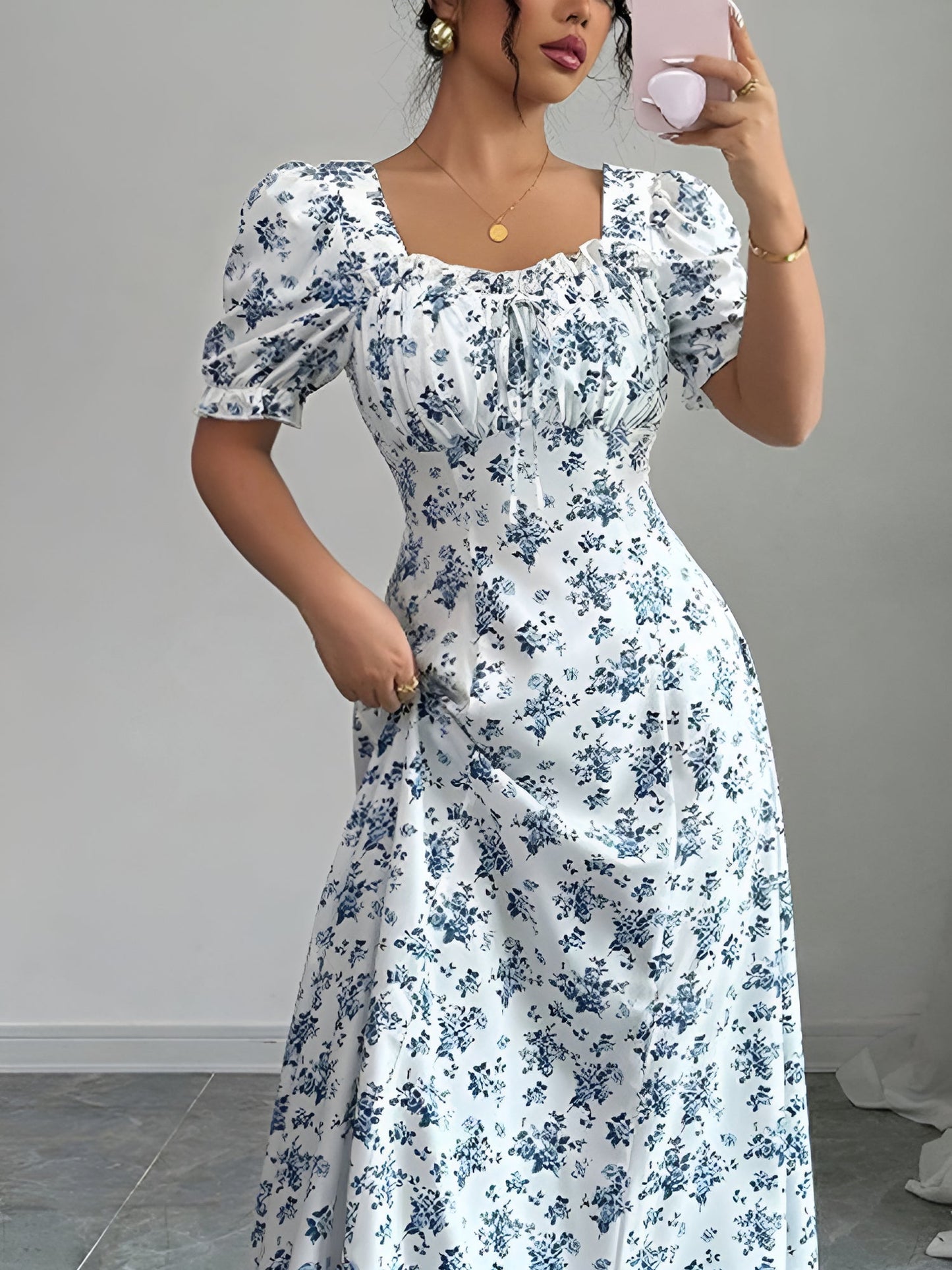 Floral Ruffled Square Neck Puff Sleeves Maxi Dress