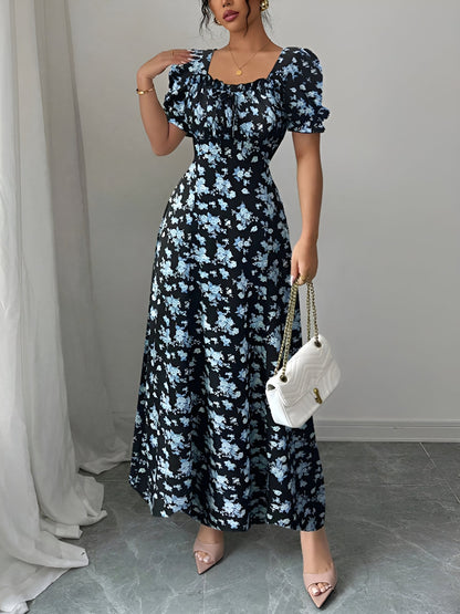 Floral Ruffled Square Neck Puff Sleeves Maxi Dress