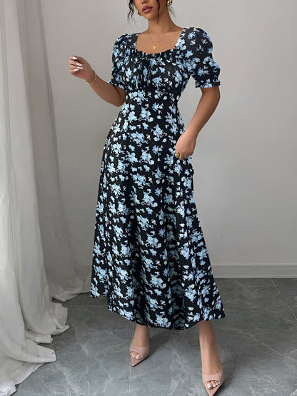 Floral Ruffled Square Neck Puff Sleeves Maxi Dress