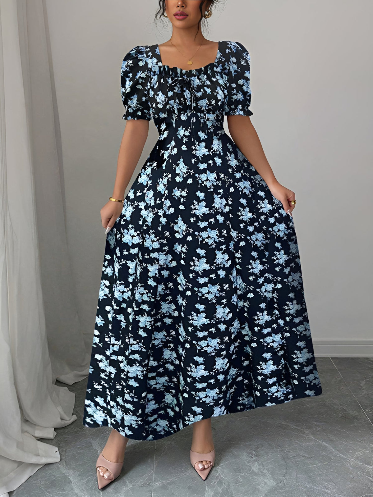 Floral Ruffled Square Neck Puff Sleeves Maxi Dress