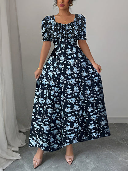 Floral Ruffled Square Neck Puff Sleeves Maxi Dress