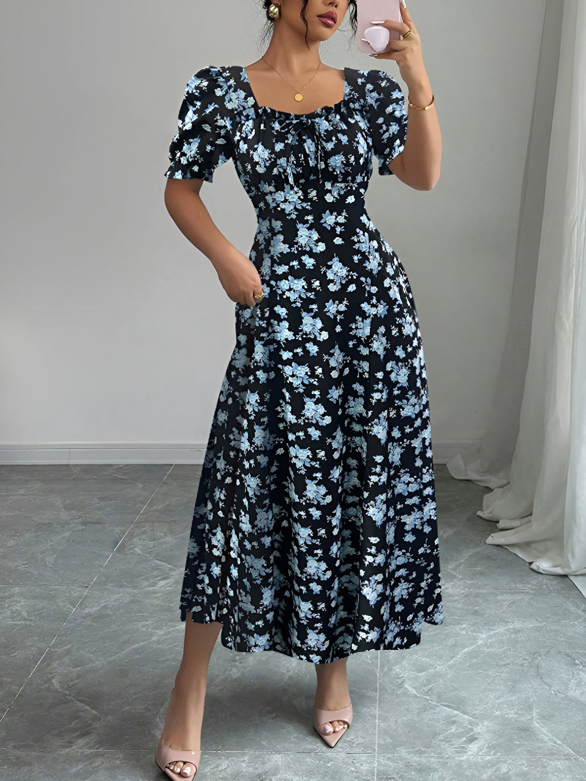 Floral Ruffled Square Neck Puff Sleeves Maxi Dress