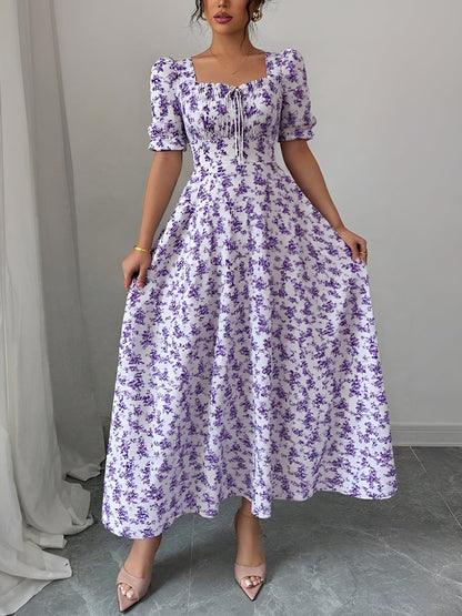 Floral Ruffled Square Neck Puff Sleeves Maxi Dress
