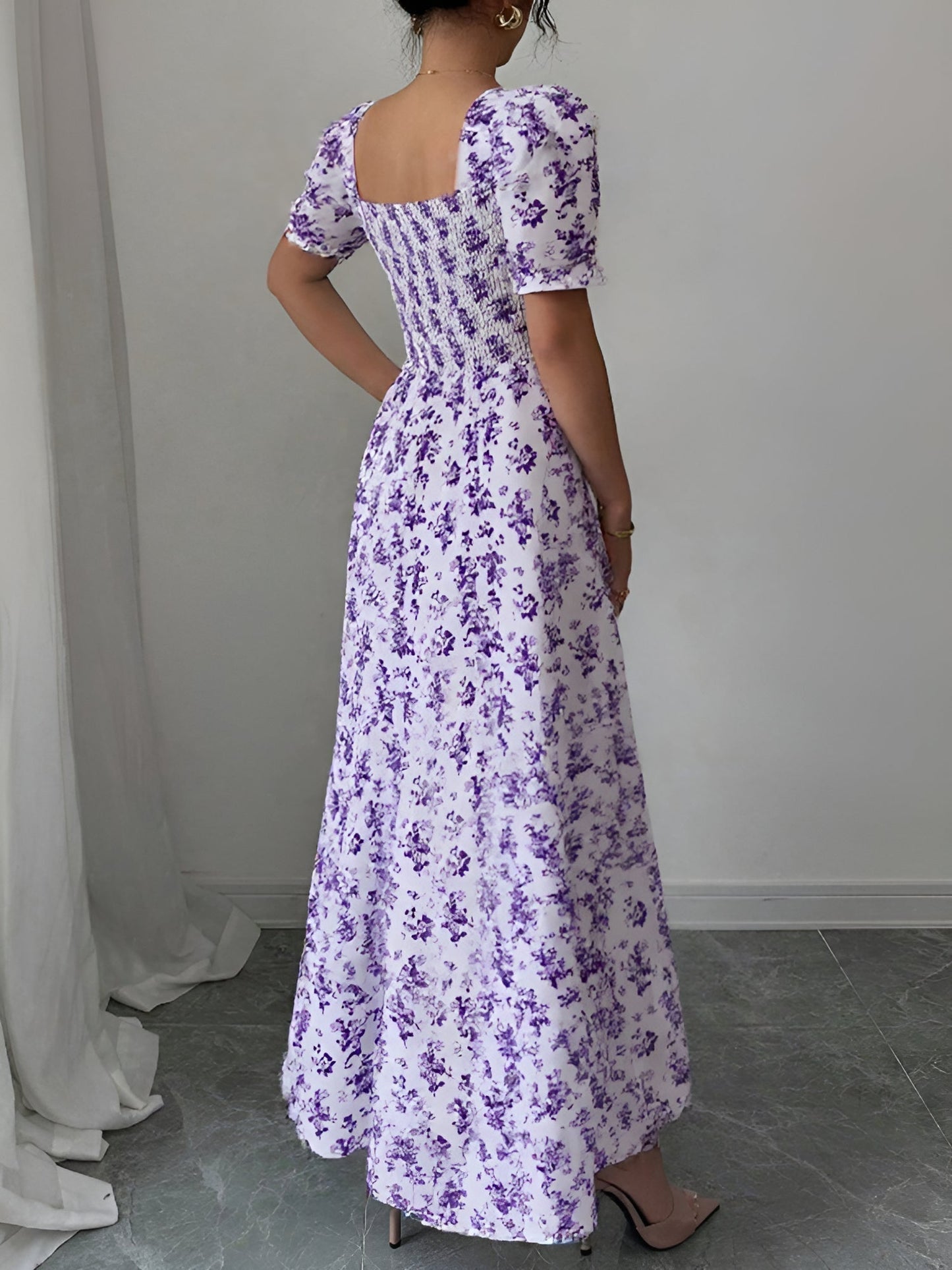 Floral Ruffled Square Neck Puff Sleeves Maxi Dress