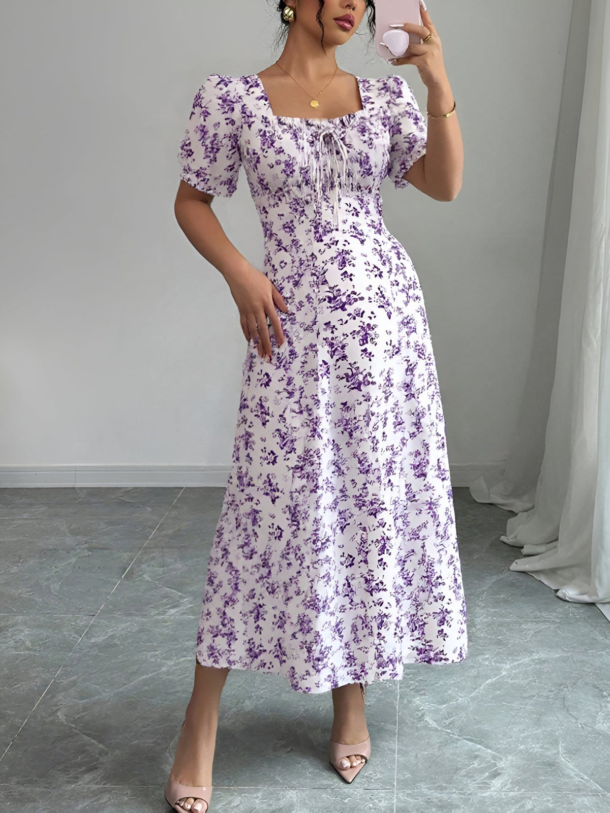 Floral Ruffled Square Neck Puff Sleeves Maxi Dress