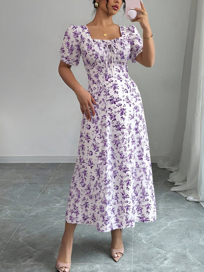 Floral Ruffled Square Neck Puff Sleeves Maxi Dress
