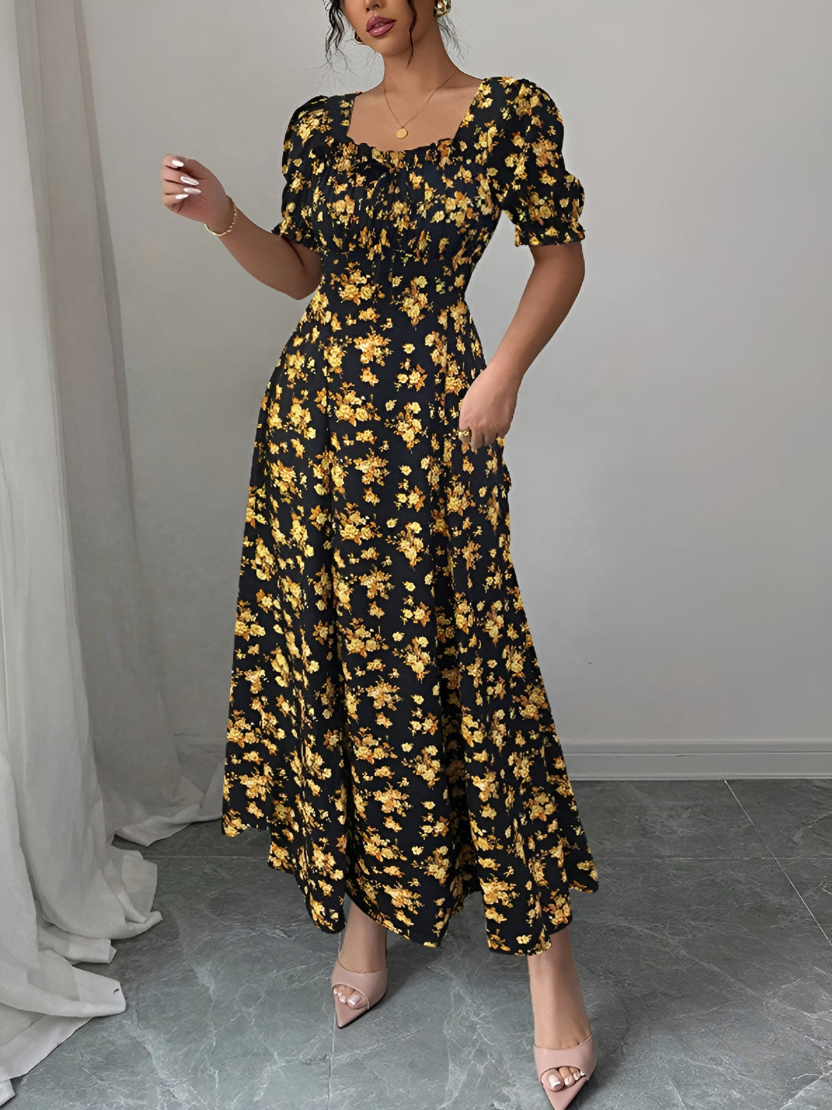 Floral Ruffled Square Neck Puff Sleeves Maxi Dress