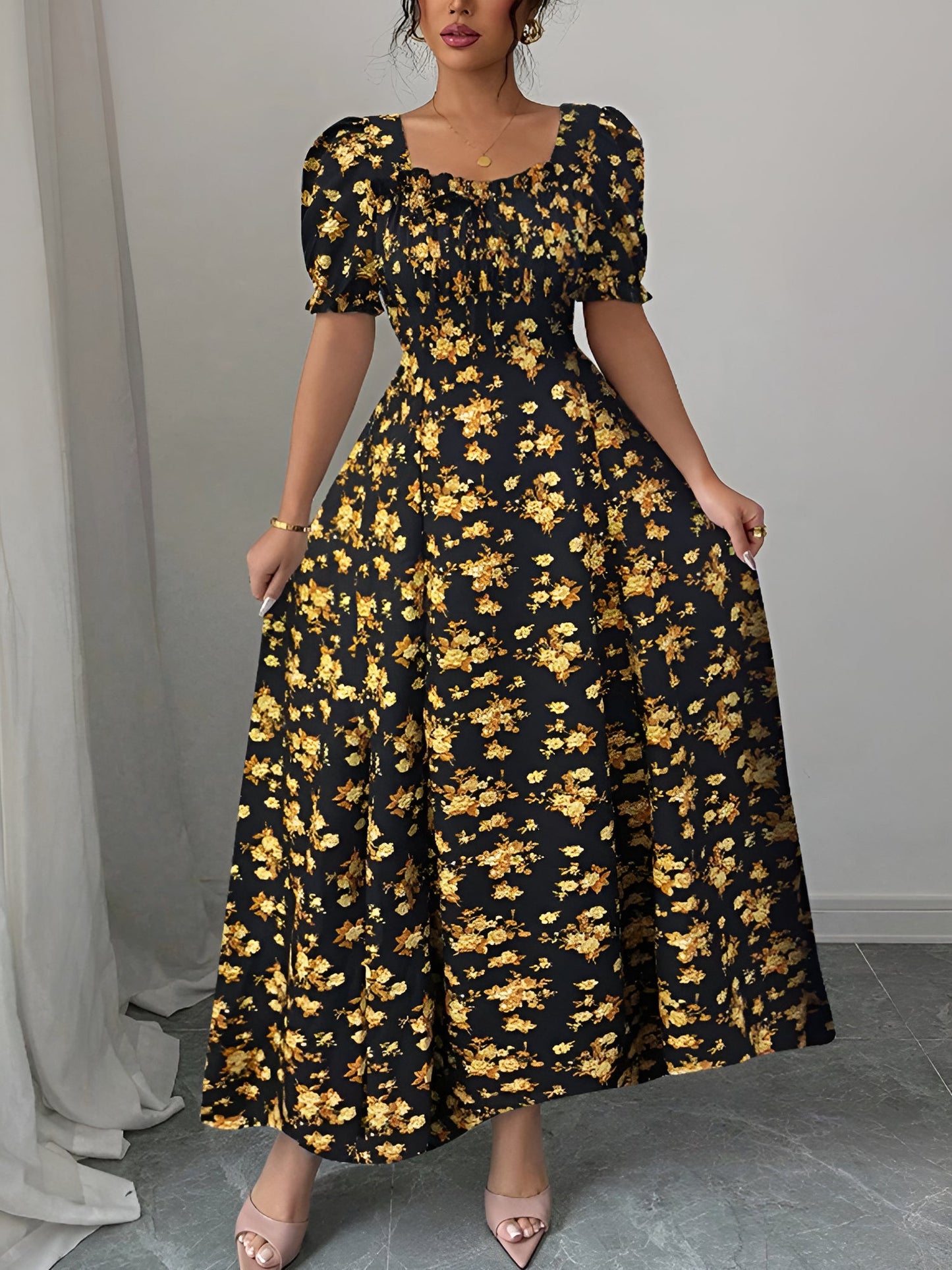 Floral Ruffled Square Neck Puff Sleeves Maxi Dress