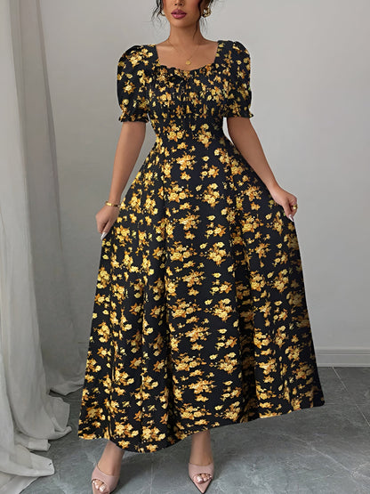 Floral Ruffled Square Neck Puff Sleeves Maxi Dress