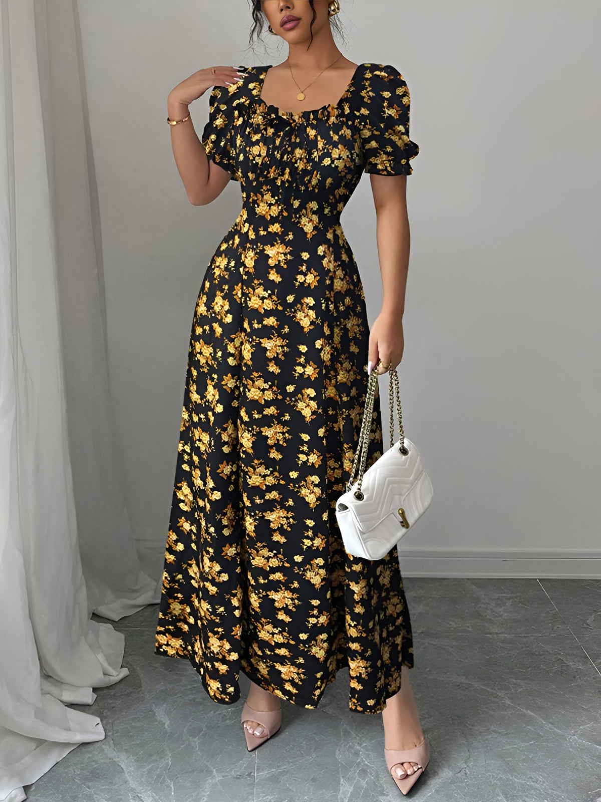 Floral Ruffled Square Neck Puff Sleeves Maxi Dress