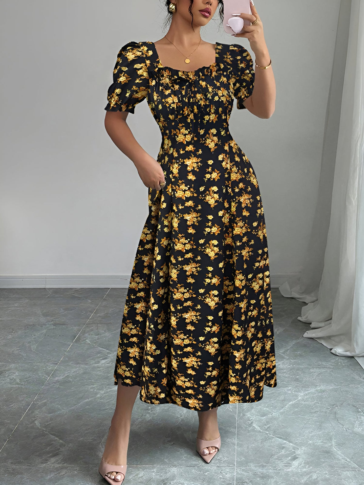 Floral Ruffled Square Neck Puff Sleeves Maxi Dress