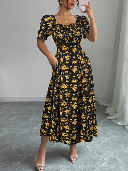 Floral Ruffled Square Neck Puff Sleeves Maxi Dress