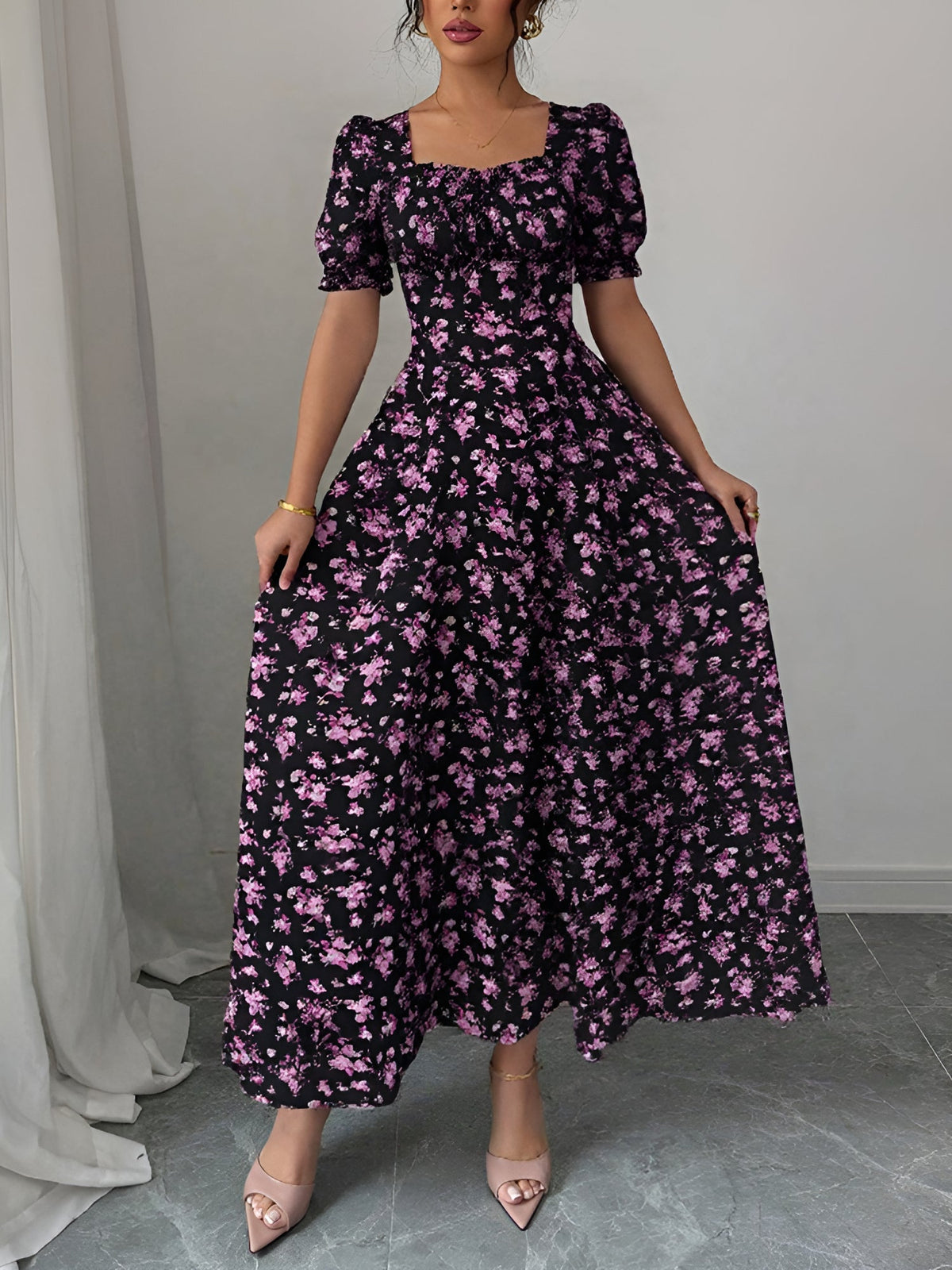 Floral Ruffled Square Neck Puff Sleeves Maxi Dress