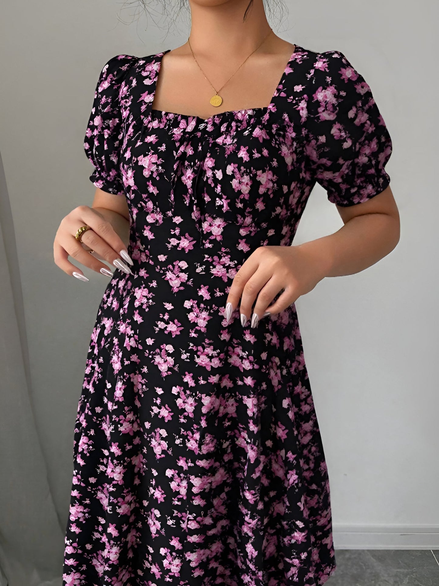 Floral Ruffled Square Neck Puff Sleeves Maxi Dress