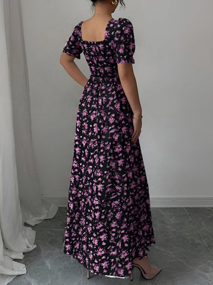 Floral Ruffled Square Neck Puff Sleeves Maxi Dress