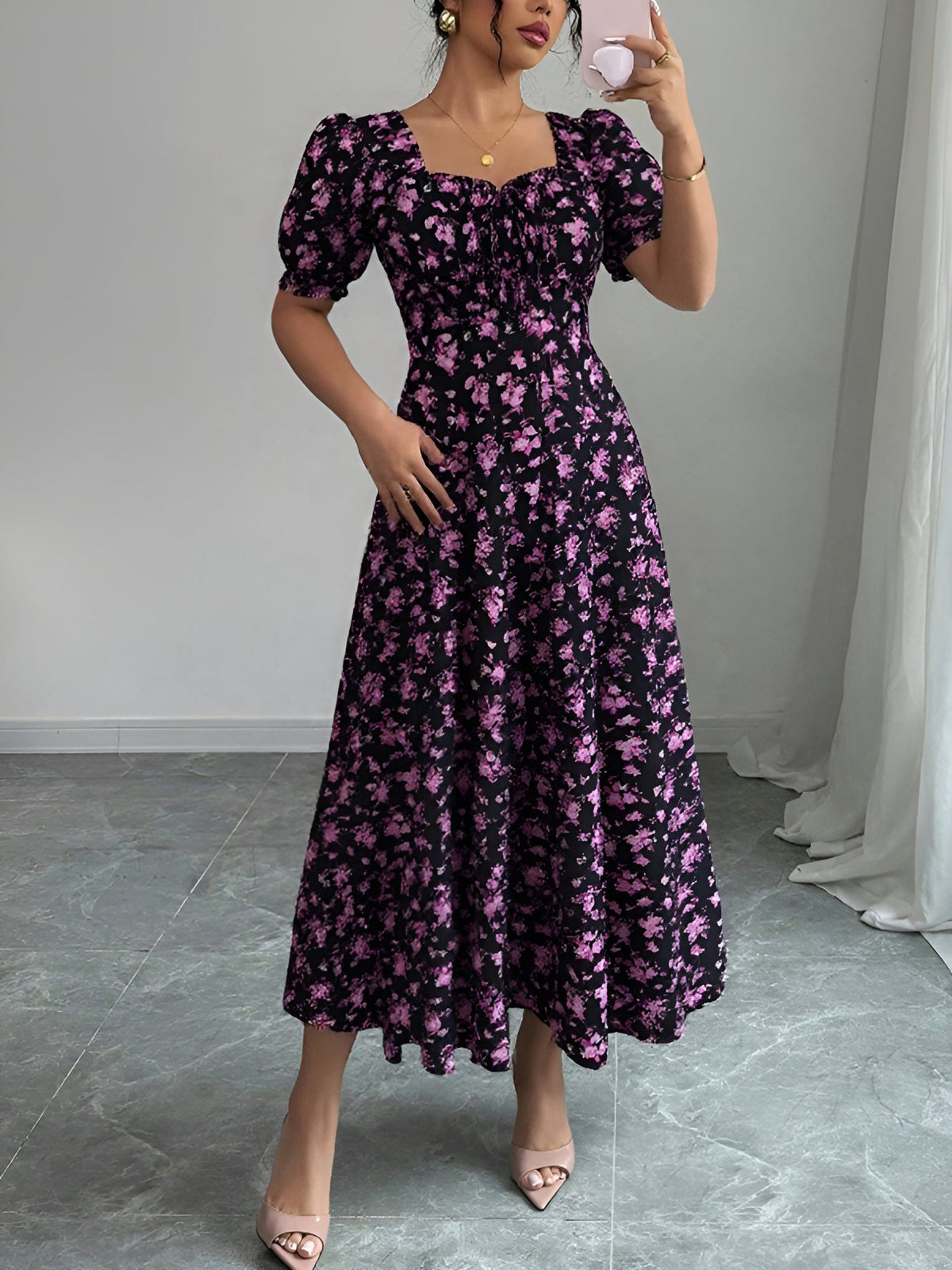 Floral Ruffled Square Neck Puff Sleeves Maxi Dress