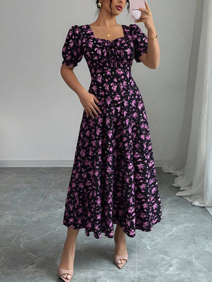 Floral Ruffled Square Neck Puff Sleeves Maxi Dress