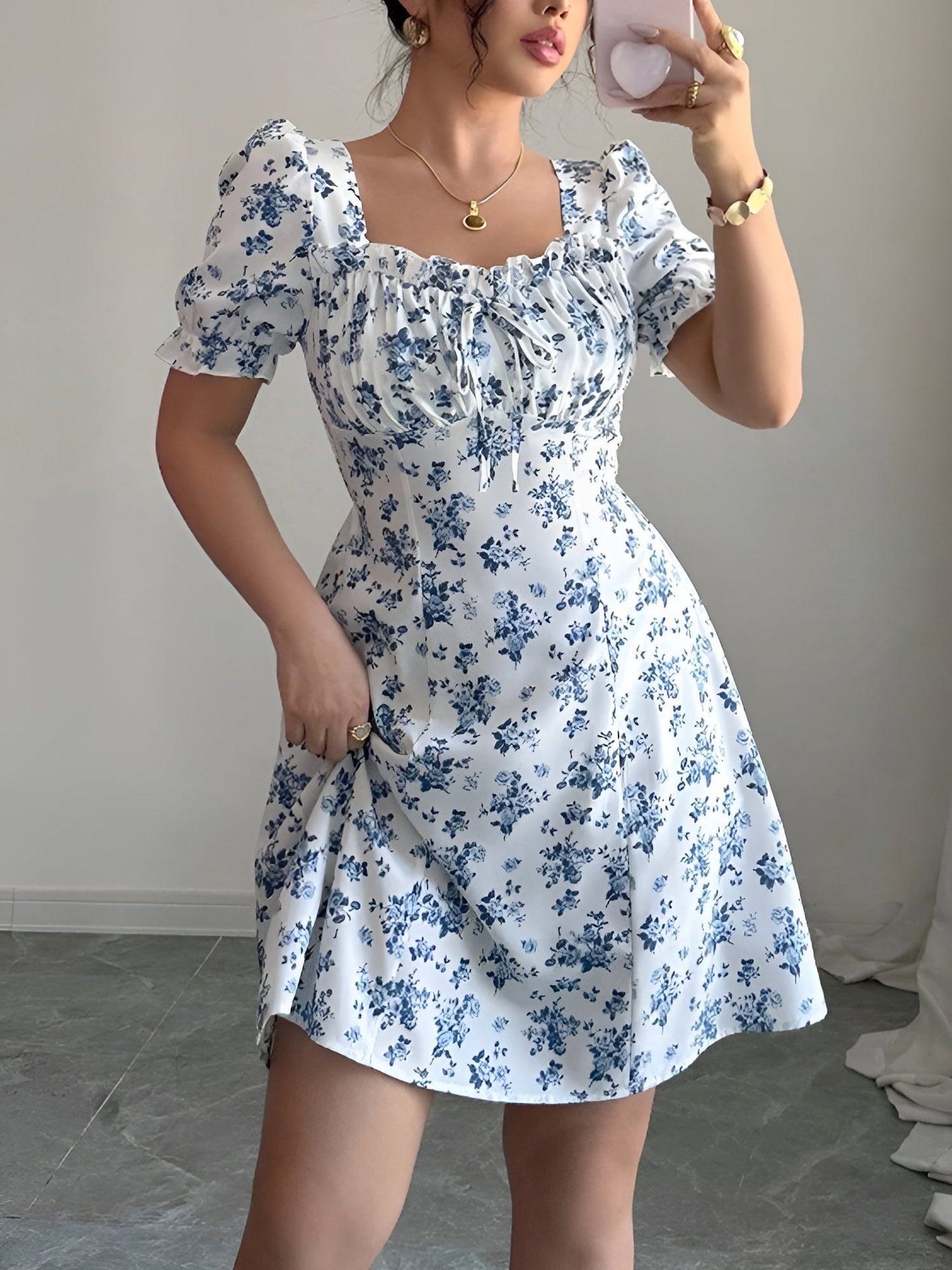 Floral Puff Sleeves Ruffled Smocked Back Mini Dress
