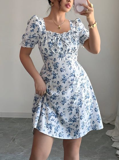 Floral Puff Sleeves Ruffled Smocked Back Mini Dress