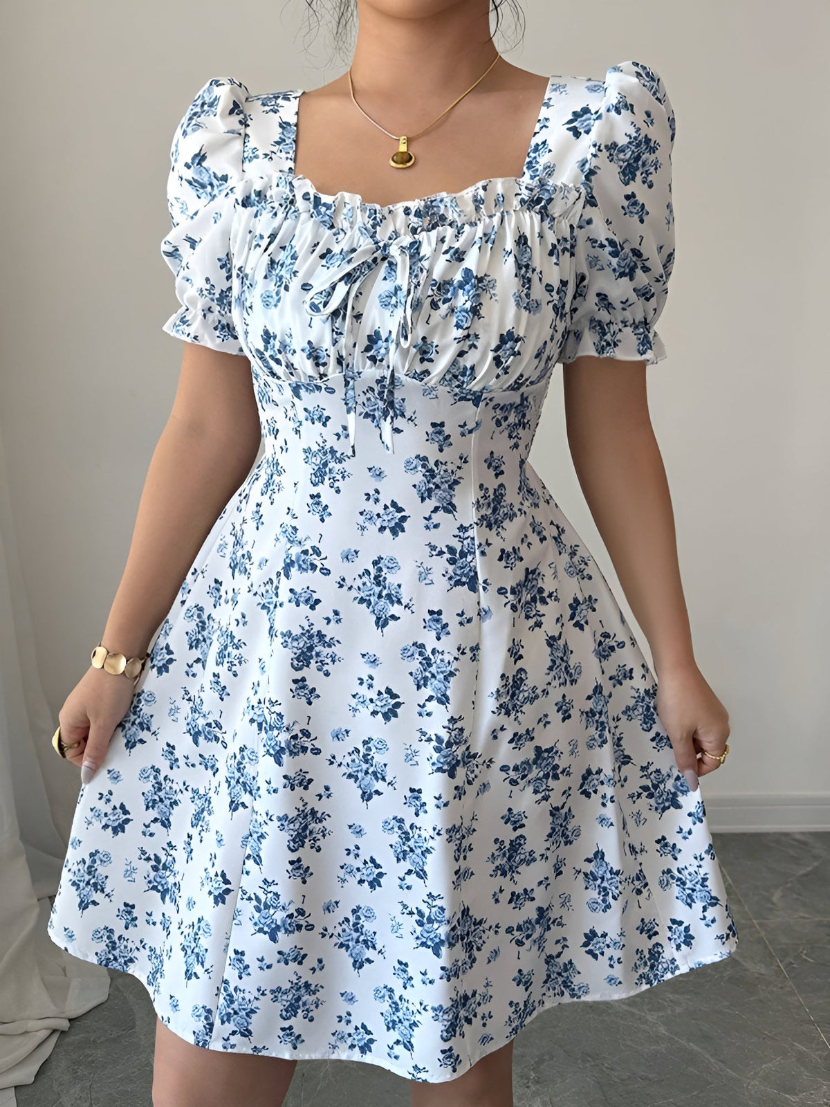 Floral Puff Sleeves Ruffled Smocked Back Mini Dress