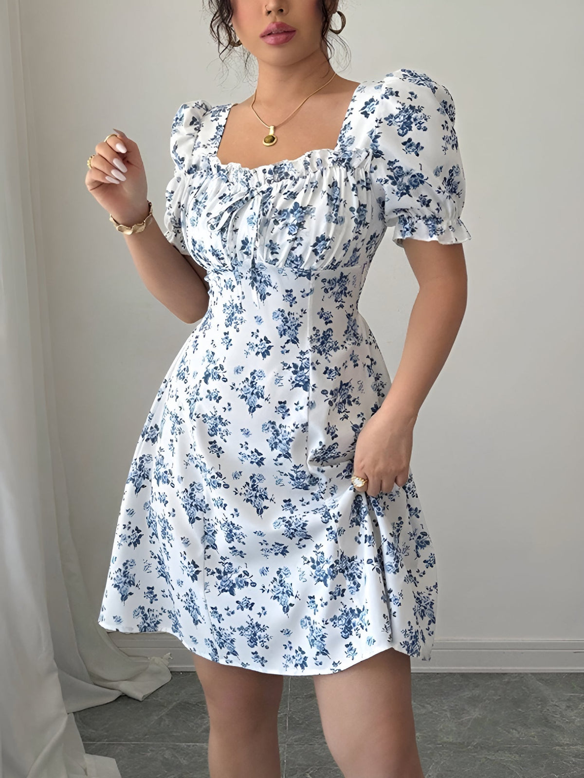 Floral Puff Sleeves Ruffled Smocked Back Mini Dress