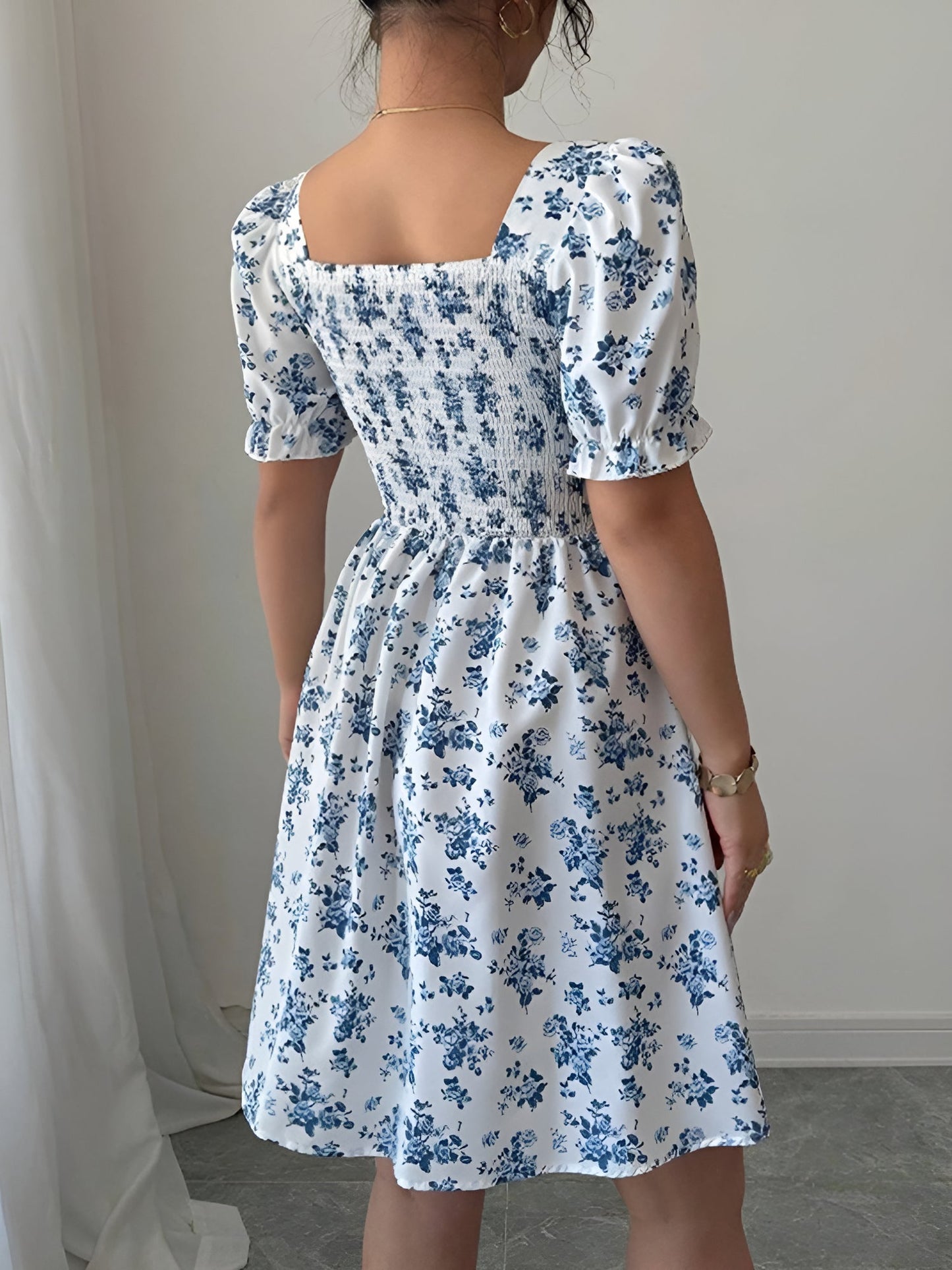 Floral Puff Sleeves Ruffled Smocked Back Mini Dress