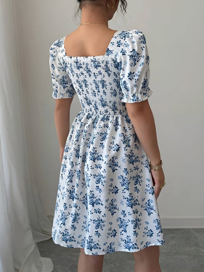 Floral Puff Sleeves Ruffled Smocked Back Mini Dress