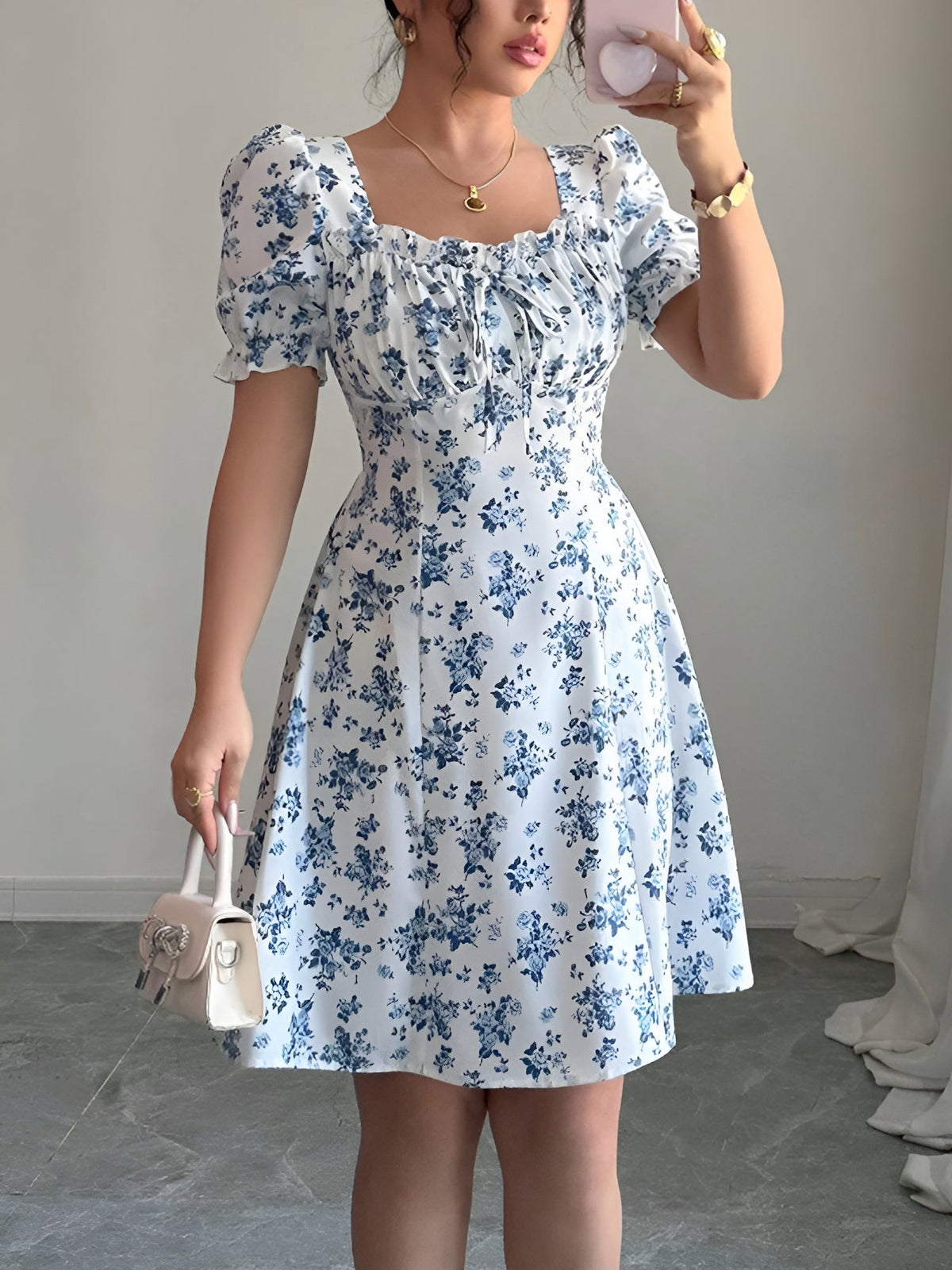 Floral Puff Sleeves Ruffled Smocked Back Mini Dress