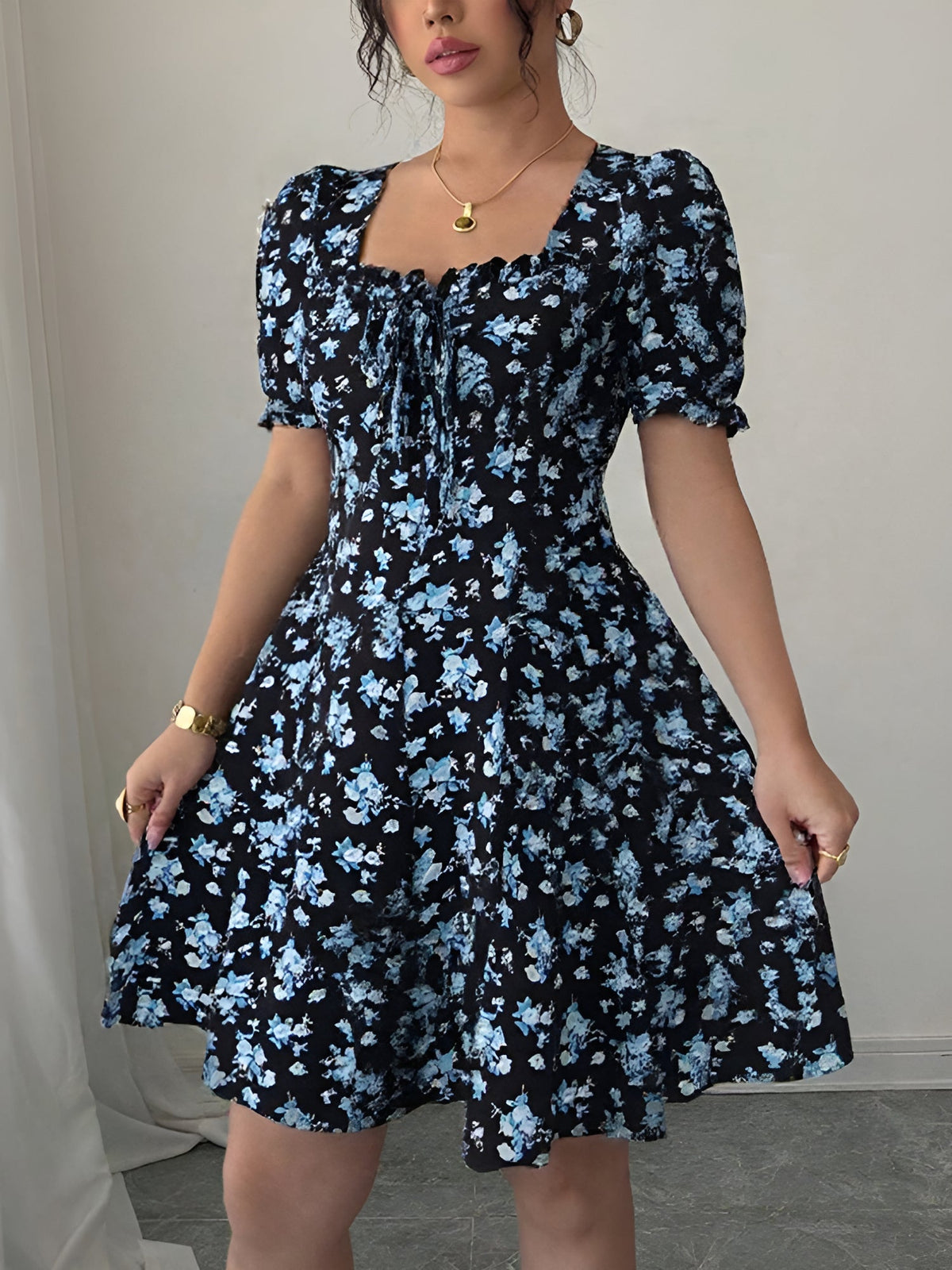 Floral Puff Sleeves Ruffled Smocked Back Mini Dress