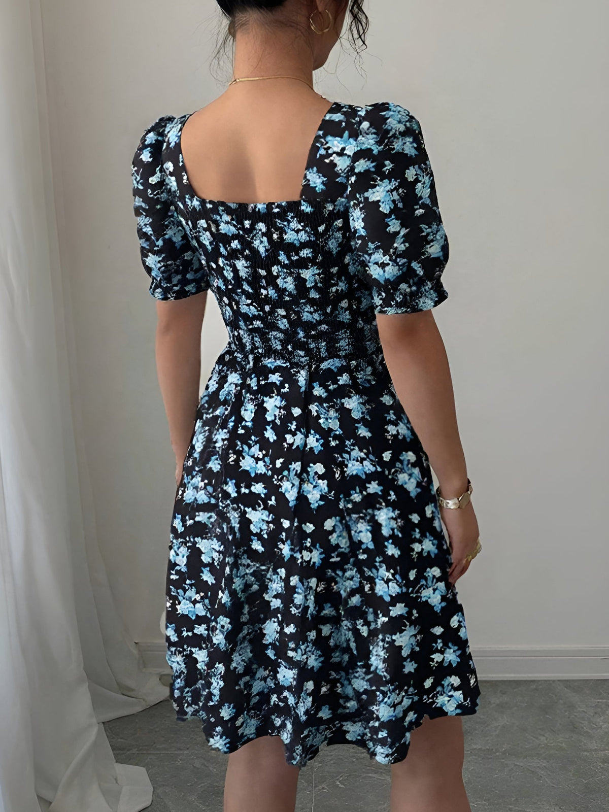 Floral Puff Sleeves Ruffled Smocked Back Mini Dress