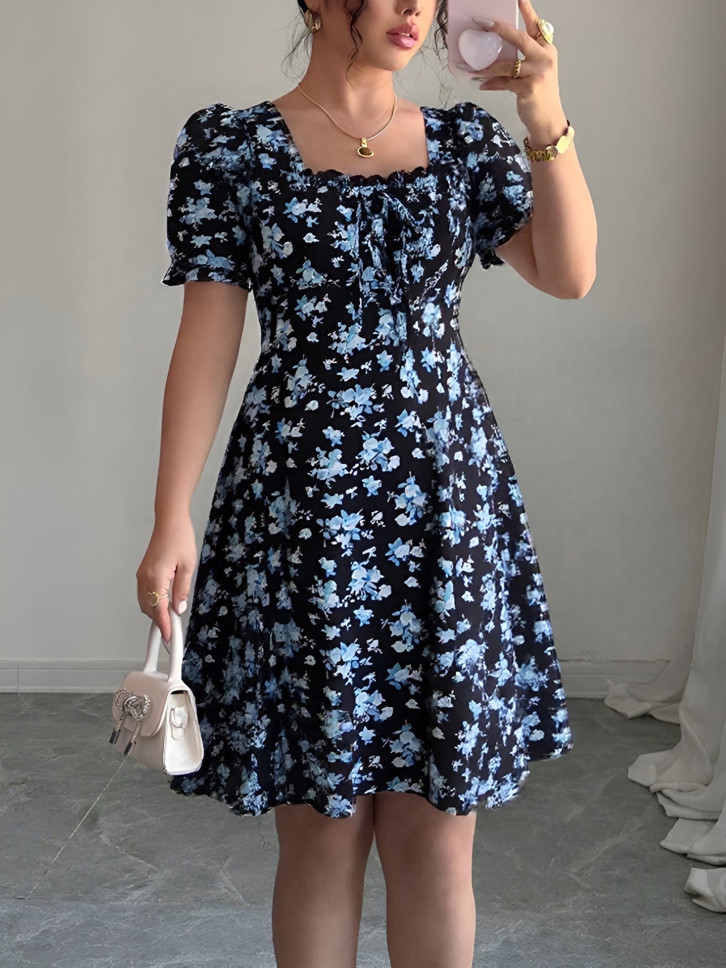 Floral Puff Sleeves Ruffled Smocked Back Mini Dress