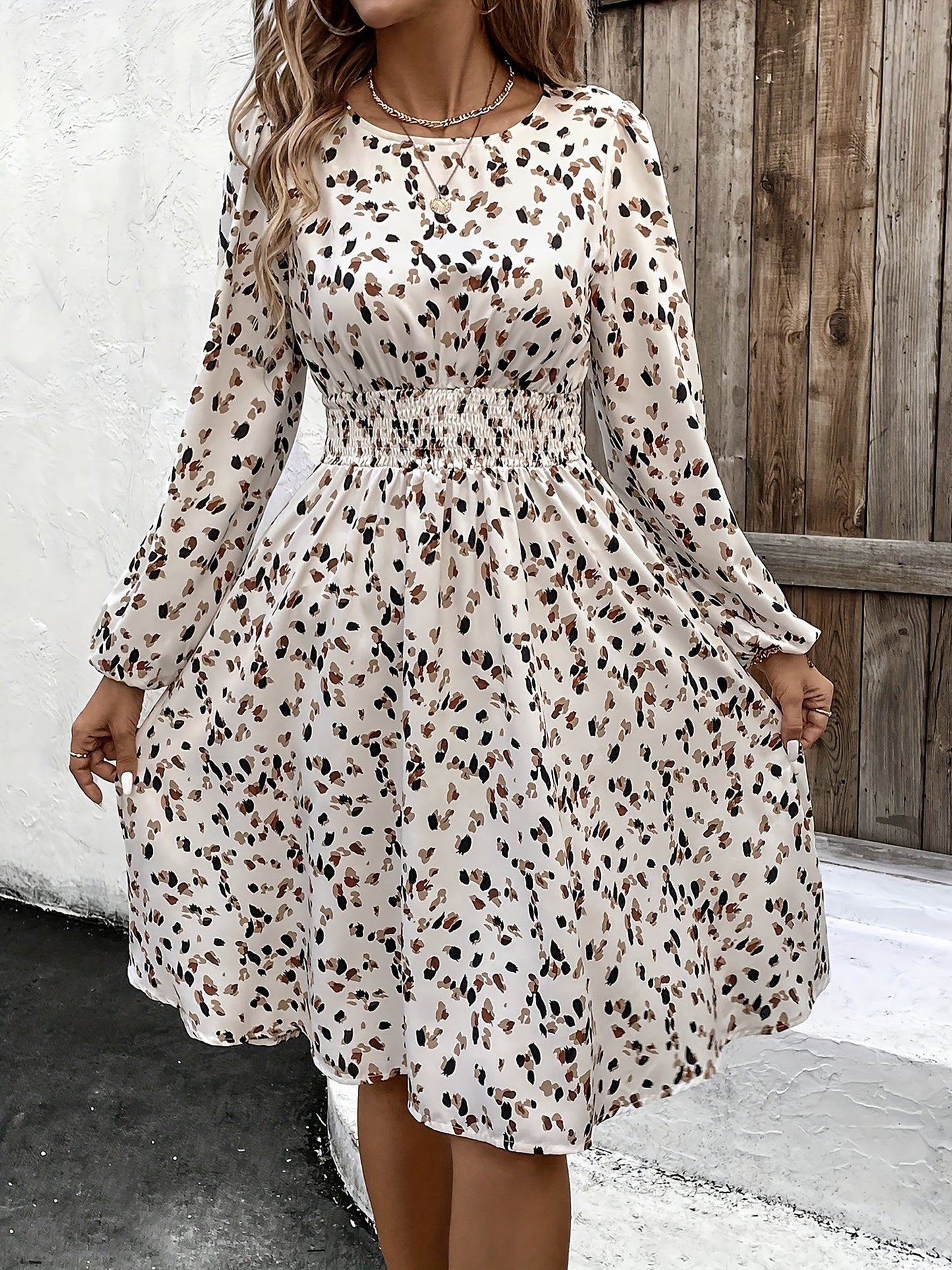 Printed Round Neck Long Sleeves Smocked Midi Dress