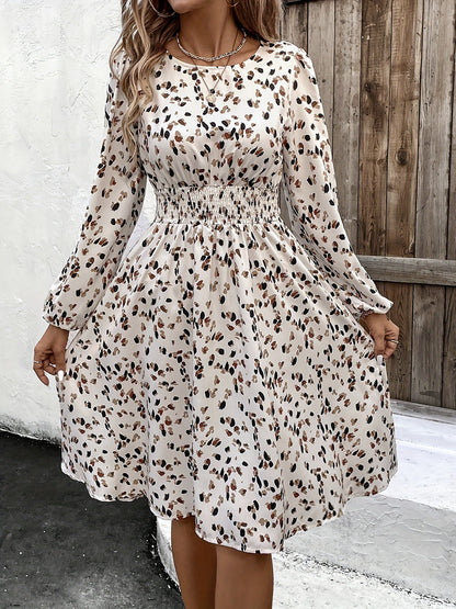 Printed Round Neck Long Sleeves Smocked Midi Dress