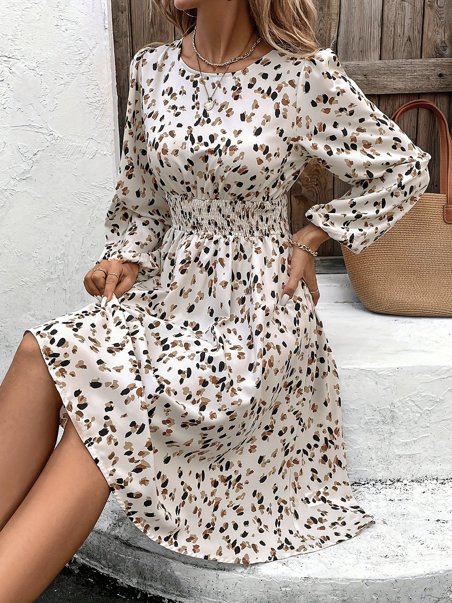 Printed Round Neck Long Sleeves Smocked Midi Dress
