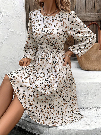 Printed Round Neck Long Sleeves Smocked Midi Dress