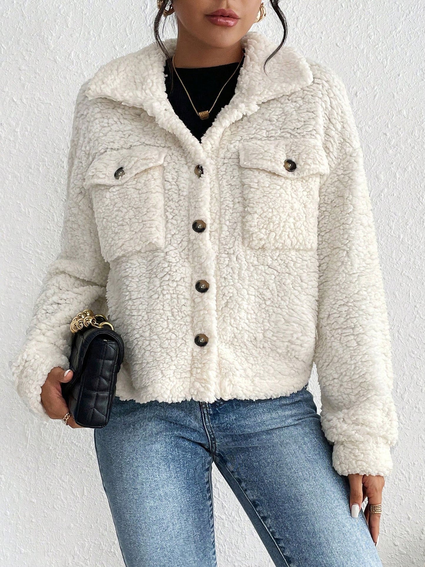 Collared Solid Color Long Sleeves Pockets Fleece Jacket