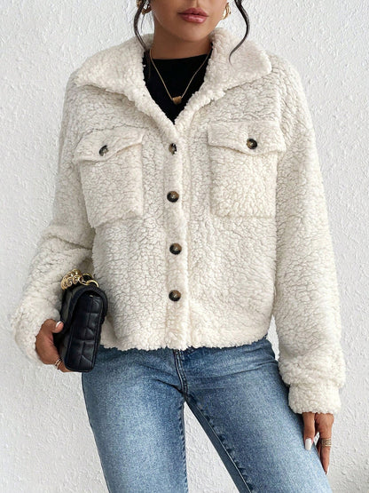 Collared Solid Color Long Sleeves Pockets Fleece Jacket