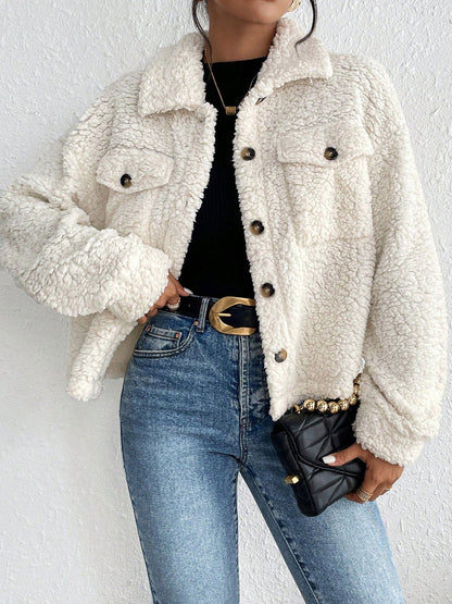 Collared Solid Color Long Sleeves Pockets Fleece Jacket