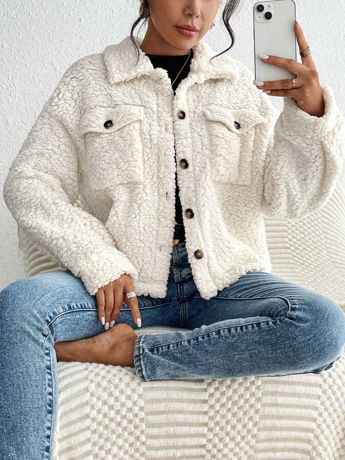 Collared Solid Color Long Sleeves Pockets Fleece Jacket