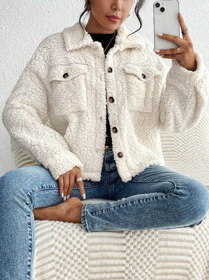Collared Solid Color Long Sleeves Pockets Fleece Jacket
